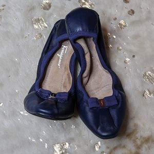 Salvatore Ferragamo My Joy Blue Leather Varina Bow Flats Shoes 9.5 M
